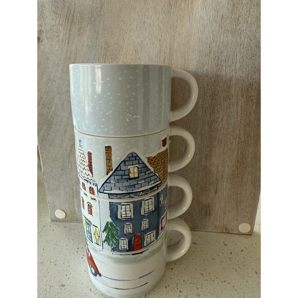 Pier 1 Stacking Festive Holiday Mugs Winter Scene Christmas Village Stoneware - Picture 7 of 12